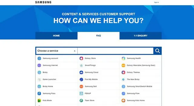 صفحه FAQ سامسونگ