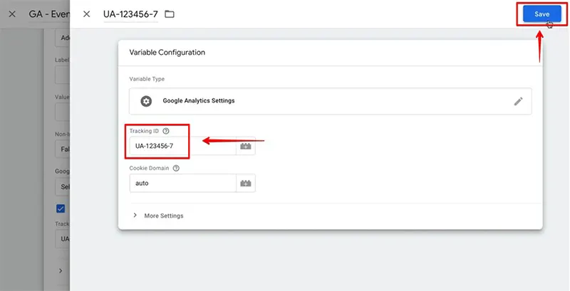 برای ساخت متغیر تنظیمات آنالیتیکس باید Tacking ID را وارد کنید
