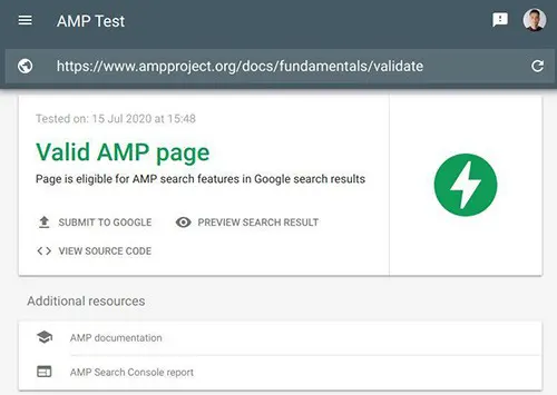 پیش نمایش و تایید صفحه AMP شما